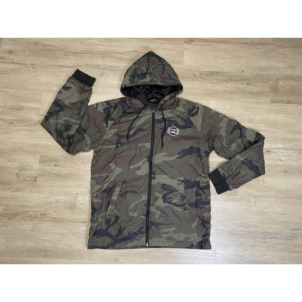 Rare Spy Sunglasses Camo Green Mens Sz S Full Zip Hooded Windbreaker